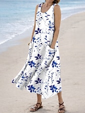 abordables Vestidos florales-Mujer Vestido Midi Vestido de verano Vestido de una línea Vacaciones Casual Boho Festivos Holgado Floral Graphic Sin Mangas Escote en U Azul Piscina Rojo Morado Verde Trébol Verano Primavera