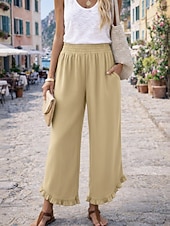  Mulheres Calças de linho de algodão Perna larga chinês Férias Roupa de rua Básico Comprimento total Cintura Média Tecido Bolsos Cintura elástica Confortável Respirável Sem Elasticidade Diário Ao ar