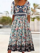 preiswerte Boho Kleider-Damen Midikleid Sommerkleid Urlaub Lässig Boho Täglich Strand Normale Passform Blumen Halbarm Rundhalsausschnitt Blau Rote Dunkelblau Beige Sommer Frühling