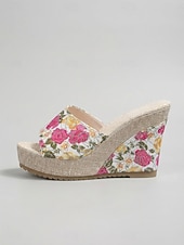 economico Donne-Sandali con zeppa romantici blu a fantasia floreale da donna - comodi sandali espadrillas con plateau e fiocco, ideali per resort all'aperto e vacanze al mare. &amp;feste estive in giardino