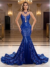 abordables Vestidos de Noche Sirena-Corte Trompeta Sirena Cola barrida Trajes de gala Vestidos de noche Corte Cenicienta Vestimenta formal Elegante Sin Mangas Escote de ilusión Carnaval Formal afroamericano Lentejuelas con Lentejuela