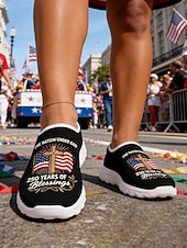 cheap Women Shoes-Women's Blue Patriotic Slip-On Sneakers – Lightweight Breathable Walking Shoes with American Flag Graphic Design for Casual Wear, Holiday Events, Travel and Outdoor Activities