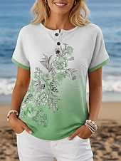 ieftine tricou floral-Pentru femei Tricou Imprimeu Nasturi de piept Floral Grafic Stilat Modern Casual Manșon scurt Henley Topuri obișnuite Zilnic Albastru piscină Galben Roz Îmbujorat Mov Trifoi Vară Primăvară