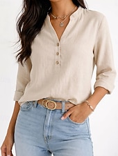 abordables Blusas Sencillas-Mujer Blusa Botones Color sólido Vintage Diario Elegante Manga Larga Escote en Pico Tops largos Diario Azul Piscina Negro Blanco Morado Verde Trébol Verano Primavera Otoño