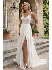 Недорогие Свадебные платья-Свадебные Платья На Пляже L-образной Формы V Вырез Без Рукавов Длинного Пола Шифон Невесты С Аппликациями Разрез Спереди