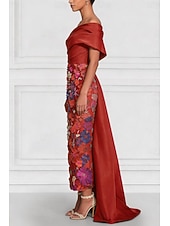 cheap Ball Gown Evening Dresses-Sheath Column Tea Length Cocktail Dresses Evening Gown Ball Gown with Overskirt Formal Dress Elegant Sleeveless Off Shoulder Garden Party Wedding Satin with Bow(s) Embroidery