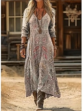  Női Maxi hosszú ruha Boho ruha Vintage ruha hétköznapi ruha Szüret Napi Szabadtéri Vakáció Normál Virágos Hosszú ujj V-alakú Szürke Tavasz Ősz