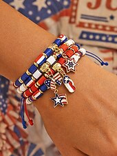 Недорогие Аксессуары-Набор женских браслетов из разных материалов, различные стили, подвески с патриотическим флагом США, регулируемые ремешки, идеально подходит для празднования 250-летия США, Дня независимости и повседневной носки.