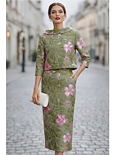 voordelige Jurkensets voor mama-Strak kolom Jurk pak Tot de enkel Feestjurk Cocktail jurk Bruiloft gast jurk Moeder van de bruid jurk 3/4 mouw Boothals Elegant Vintage Formeel Bruiloft gast Kentucky Derby Jacquard met Bloemenprint