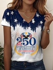  Amerikanischer Unabhängigkeitstag Damen T Shirt Druck Grafik Flagge Vintage Stilvoll Lässig Kurzarm V Ausschnitt Normale Oberteile Täglich Blau Weiß Rote Sommer Frühling