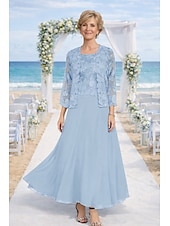 preiswerte Mamas Kleidersets-Zweiteilig Kleid-Sets Knöchellänge Kleid für Hochzeitsgäste Brautmutterkleid Langarm Rundhalsausschnitt Elegant Hochzeitsgast Kirche Chiffon mit Spitze Stickerei