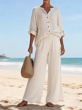 billige Essensielle faux co-ord sett-Dame Linsett i bomull Buksesett Imitert bomullslin Langermet Crew-hals Helfarge Elegant Mote Gatemote Avslappet Daglig utendørs Blå Hvit Rosa Sommer Normal