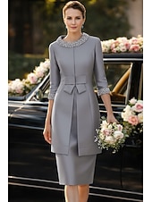 abordables Conjuntos de vestidos para mamá-Dos Piezas Funda Columna Hasta la Rodilla Vestido Invitada Boda Vestido de Madrina Correas Joya Elegante Invitado a la boda Fiesta de Boda Iglesia Satén Vestidos de chaqueta con Cinta / Lazo Lazo(s