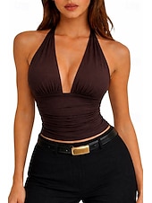 billige Enkel tank-Dame Singleter Slim fit topp Rynket side Elegant Stilfull Varmt Ermeløs Grimehals Crop Tops Daglig Ut på byen Date Night antrekk Svart Hvit kaffe Sommer Vår