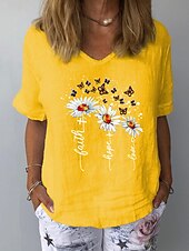 preiswerte Hemden-Damen Leinenhemd T Shirt T-Shirt Druck Blumen Grafik Mode Klassisch Lässig Kurzarm V Ausschnitt Normale Oberteile Täglich Ausgehen Wochenende Weiß Gelb Marineblau Grau Leicht Blau Sommer Frühling