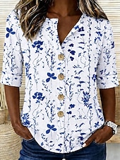 cheap Floral Blouses-Women's Shirt Print Floral Graphic Elegant Vintage Tropical Half Sleeve V Neck Regular Tops Daily Holiday Beach Wear White and Blue Summer Spring