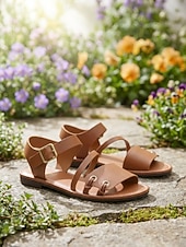 preiswerte Flache Sandalen-Leichte Damen-Sommersandalen – klassische braune flache Sandalen mit Knöchelriemen für Damen, perfekt für Strandbesuche und Alltagsoutfits.