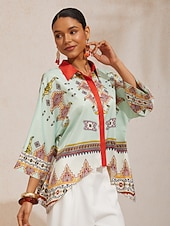 economico Bluse e camicie-Camicia etnica in raso setoso con maniche a pipistrello e motivo totem.