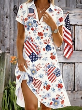 preiswerte Unabhängigkeitstag Kleid-Amerikanischer Unabhängigkeitstag Damen Minikleid A Linie Kleid Urlaub Lässig Strand Normale Passform Grafik Flagge Kurzarm V Ausschnitt Schwarz Weiß Rote Sommer Frühling