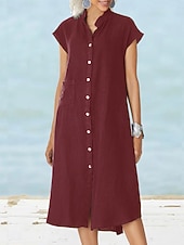 abordables Robe blanche-Femmes Robe Midi Robe fourreau Robe d'été Occasionnel Quotidien Coupe Ample Uni Manche Courte Col haut Vin bleu marine Gris Été