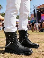 abordables Hombres-Botas de combate marrones para hombre con cordones, cremallera lateral y detalle de cadena. Botines para festivales de música, conciertos, eventos al aire libre, estilo urbano, fiestas y un estilo robusto y llamativo.