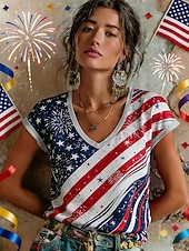  Ημέρα Αμερικανικής Ανεξαρτησίας Γυναικεία Μπλουζάκι Στάμπα Φλοράλ Γραφική Γκράφιτι Βοημία Βίντατζ Κλασσικό Κοντομάνικο Λαιμόκοψη V Κανονικά μπλουζάκια Καθημερινά Θαλασσί Καλοκαίρι Άνοιξη