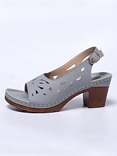 abordables Sandalias de tacón-Sandalias de tacón abierto con aberturas para mujer: sandalias de piel sintética beige con tacón grueso para salidas de verano, fiestas en el jardín y elegancia diaria.