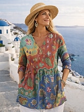  Damen Bluse Druck Blumen Grafik Urlaub Täglich Lässig Dreiviertelarm V Ausschnitt Normale Oberteile Täglich Ferien Ausgehen Rote Sommer Frühling Herbst