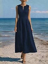 abordables Robes Fausse Essentielle-Robe maxi en lin-like pour femmes en faux coton robe en A robe d'été décontractée quotidienne coupe régulière sans manches col en V blanc été