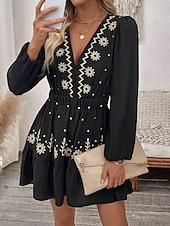 preiswerte Lässige Blumenkleider-Damen Minikleid Boho-Kleid Freizeitkleid Elegant Mode Modern Outdoor Urlaub Ausgehen Normale Passform Blumen Langarm V Ausschnitt Schwarz Wein Rote Grün Sommer Frühling