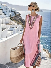 Χαμηλού Κόστους Ριγέ και Γεωμετρικά Φορέματα-Γυναικεία Μίντι φόρεμα Φόρεμα ριχτό Φόρεμα για τον ήλιο Φόρεμα σε γραμμή Α Διακοπές Καθημερινό Μπόχο Παραλία Εξόδου Χαλαρή Εφαρμογή Γραφική Γεωμετρικό Αμάνικο Λαιμόκοψη