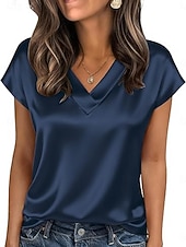 voordelige Effen t-shirt-Dames satijnen top T-shirt Effen Elegant Modieus Stijlvol Korte mouw V-hals Normale tops Dagelijks Uitgaan Weekend Champagne Goud Wijn Rood Koffie Zomer Lente