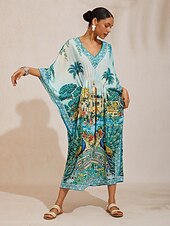 billige uformell kjole med trykk-Balearene blå flagrende chiffon maxikjole med dolmanermer