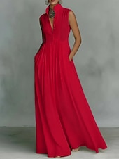  Жен. Длинное платье Коктейльные платья Шифоновые платья Элегантный стиль Мода Современное Отпуск Для вечеринок выходные Свободное облегание Полотняное плетение Без рукавов Вырез под горло