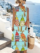 abordables Arte &amp; Design Vestidos-Women's Midi Dress Shift Dress Sundress A Line Dress Vacation Casual Boho Beach Going out Regular Fit Graphic Animal Sleeveless Crewneck White Sky Blue Beige Summer Spring