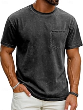billiga grundläggande t-shirts-Herr T-shirt Tvätta skjorta i 100 % bomull Kortärmad Rund hals Sommar Vår Alla årstider Ensfärgat Elegant Vintage Neutral Ficka Färgade plagg Bedrövad Ledigt Hem Utomhus Svart Rosa Brun Topp t-shirt