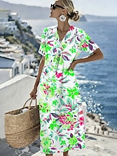  Women's Midi Dress Shift Dress Sundress Vacation Casual Beach Daily Going out Regular Fit Ombre Floral Graphic Short Sleeve V Neck Blue Pink Red Green Summer Spring