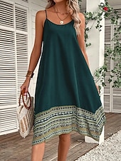 billige Boho-kjoler-Dame Midikjole Boho-kjole Uformell kjole Slipkjole Elegant Mote Moderne utendørs Feriereise Ut på byen Normal Grafisk Ermeløs Crew-hals Svart Rød Grønn Sommer Vår