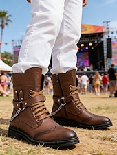abordables Hombres-Botas de combate marrones para hombre con cordones, cremallera lateral y detalle de cadena. Botines para festivales de música, conciertos, eventos al aire libre, estilo urbano, fiestas y un estilo robusto y llamativo.