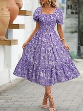 cheap Casual Floral Dresses-Women's Midi Dress Casual Dress Floral Dress Elegant Fashion Modern Outdoor Vacation Going out Regular Fit Floral Short Sleeve Square Neck Blue Black White Pink Summer Spring