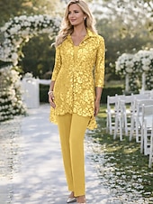 economico Tailleur pantalone della mamma-Tuta Completo Pantalone Tre Pezzi Lunghezza alla caviglia Abito da cerimonia per signora Manica 3/4 Scollo a V Elegante Taglie Forti Formale Ospite di nozze Chiffon Pizzo Con Stola con Paillettes