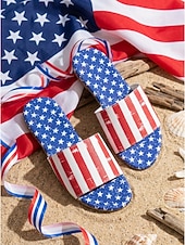  כפכפים פטריוטיים לנשים בארה"ב לציון 250 שנה - סנדלים שטוחים מפוספסים באדום ולבן ליום העצמאות 2026, חופשות חוף &מצעדים חגיגיים