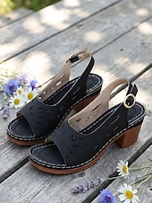 abordables Sandalias de tacón-Sandalias de tacón abierto con aberturas para mujer: sandalias de piel sintética beige con tacón grueso para salidas de verano, fiestas en el jardín y elegancia diaria.