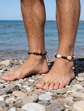 levne Dovolená příslušenství-Pánská sada bohémských náramků na kotník z mušlí cowrie a dřevěných korálků, 2 ks ručně vyráběných kmenových nastavitelných šperků na nohy pro letní dovolenou u pláže a každodenní nošení.