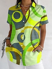 abordables Arte &amp; Diseño Blusas-Mujer Camisa Botones Estampado Graphic Geométrico Vintage Elegante Moderno Manga Corta Cuello Camisero Tops largos Diario Azul Piscina Morado Naranja Verde Trébol Verano Primavera