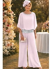 billiga Mammas byxdräkter-Tvådelad Byxor Golvlång Klänning till brudens mor Halvlång ärm Båthals Elegant Vintage Enkel Bröllopsgäst Helgdag Formell kväll Chiffong med Paljett