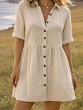 abordables Robe Simple-Robe-chemise courte pour femme, basique, décontractée, pour le quotidien, les vacances, coupe classique, manches courtes, col, noir, rose, abricot, été