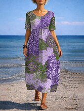 economico Abito Boho-Per donna Abito maxi Abito a trapezio Abito Estivo Vacanza Casual Quotidiano Ferie Vestibilità comoda Grafico Paisley Tribale Mezza Manica Girocollo Cammello Viola Verde Estate