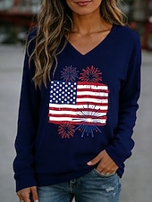  Mujer Camiseta Camiseta superior Estampado Graphic Bandera estadounidense Vintage Elegante Clásico Manga Larga Escote en Pico Tops regulares Diario Noche Fin de semana Blanco Rojo Azul Marino Caqui