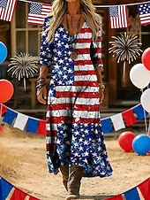 Women's Maxi long Dress Vintage Dress Casual Dress Vintage Daily Outdoor Vacation Regular Fit Flag Long Sleeve V Neck Blue Summer Spring Autumn